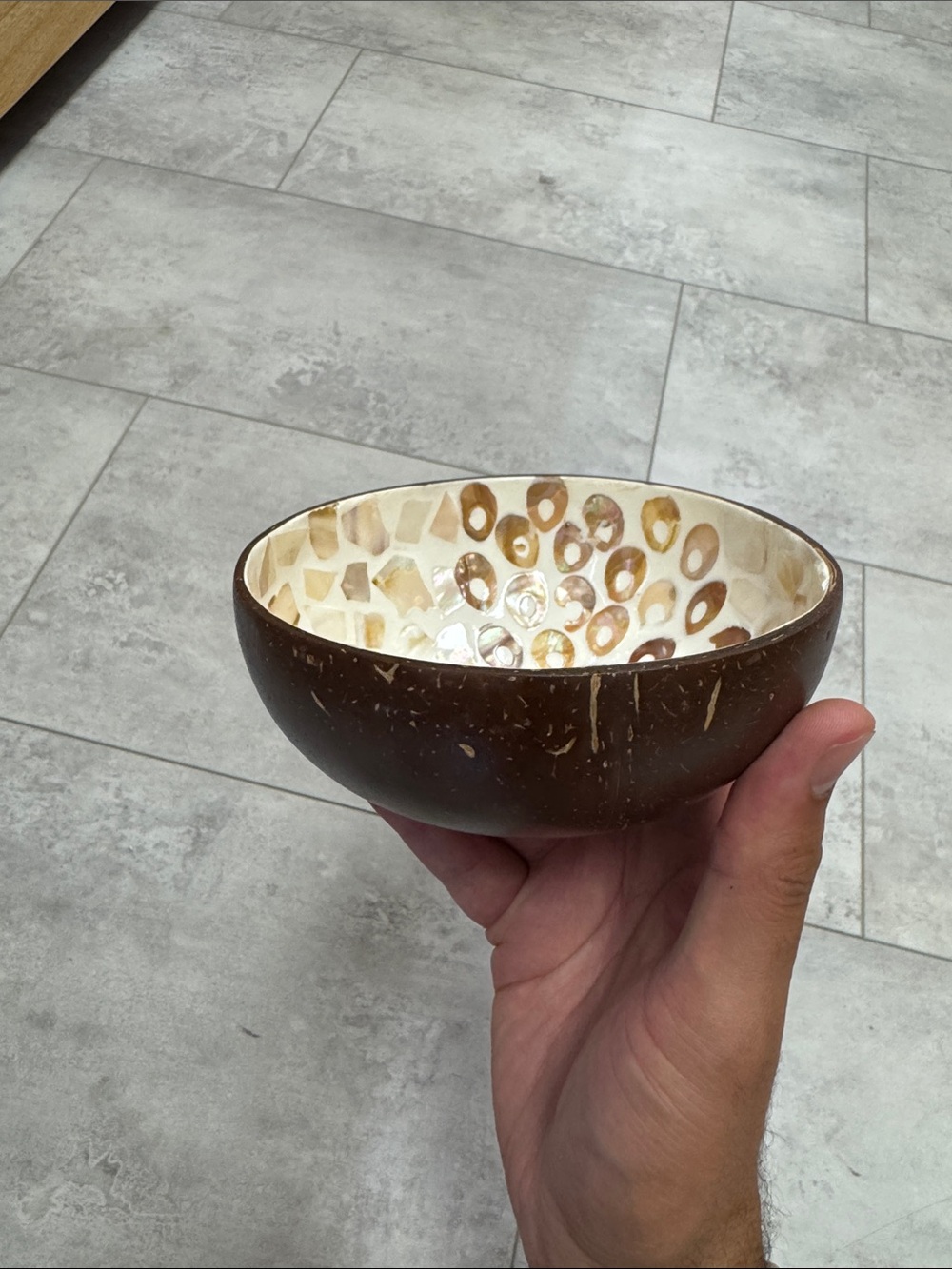 Handcrafted Coconut Shell Bowl with Mother-of-Pearl Inlay - Brown & Cream